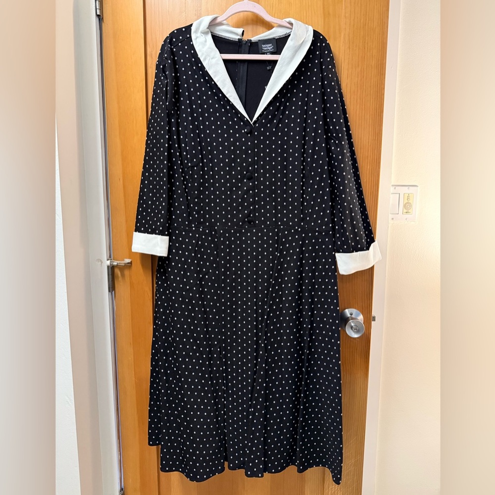 Unique Vintage Black and White Polka Dot Long Sleeve Dress